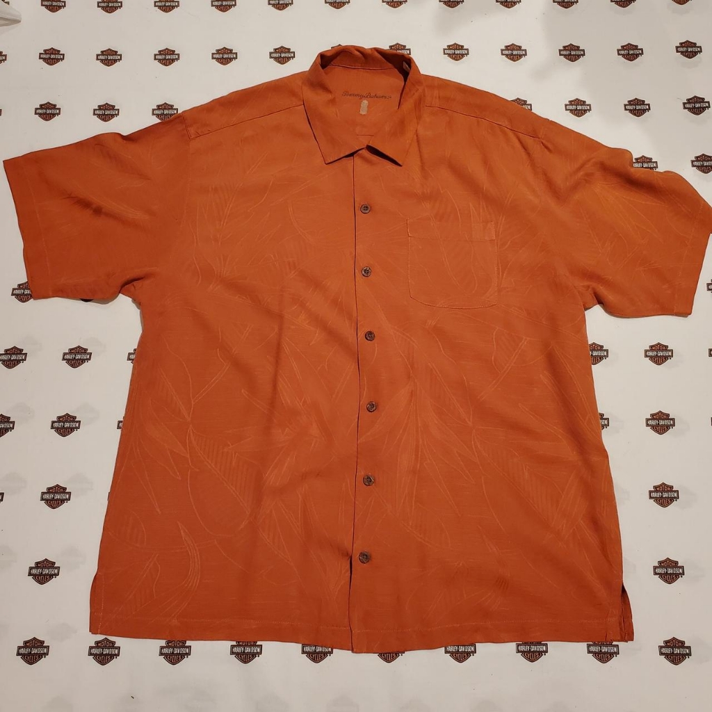 Orange Tommy Bahama Retro Button Up 100% Silk Hawaiian Shirt